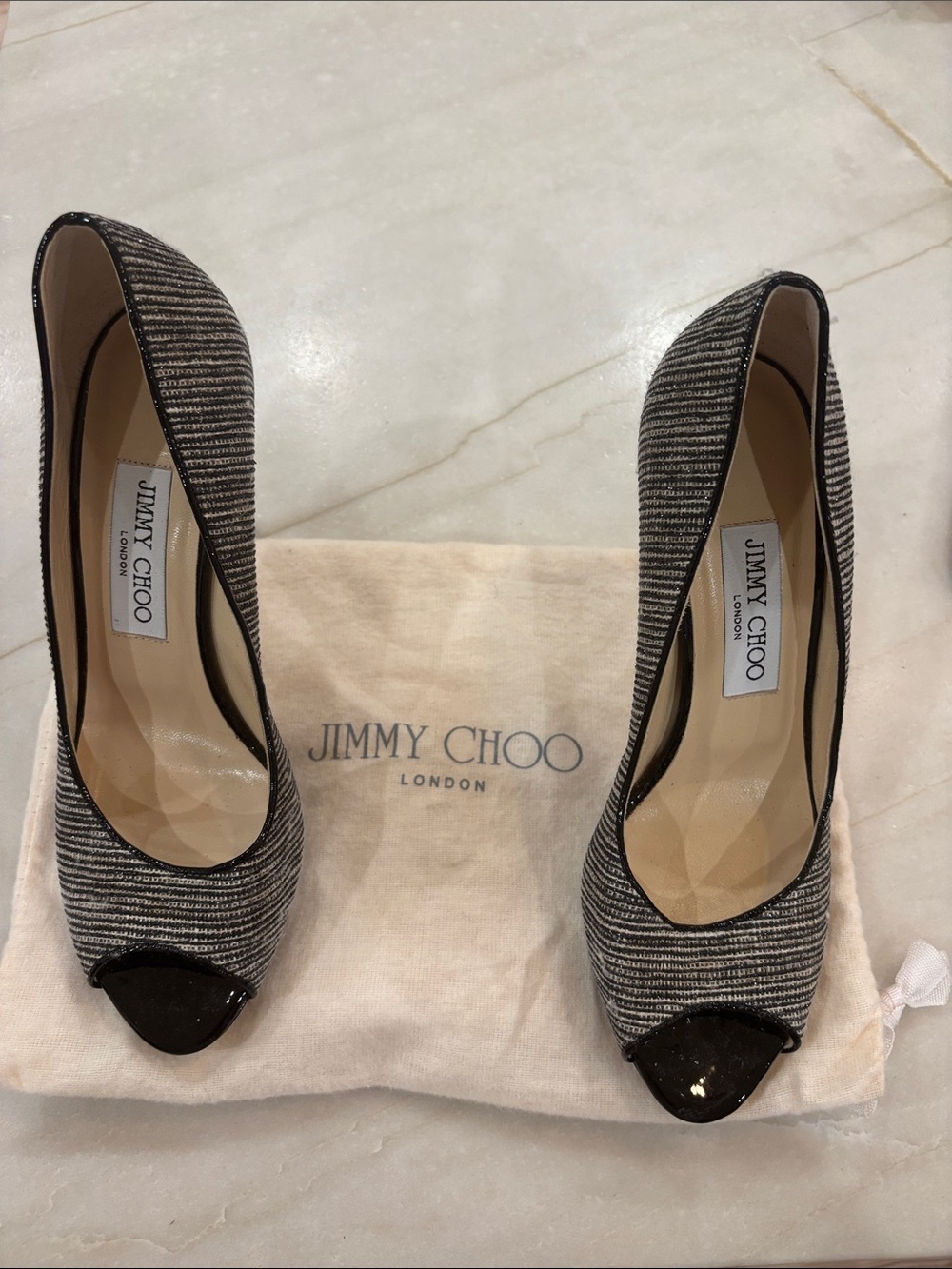 Jimmy Choo Black & Gray Striped Peep-Toe Pumps with Patent Black Cap